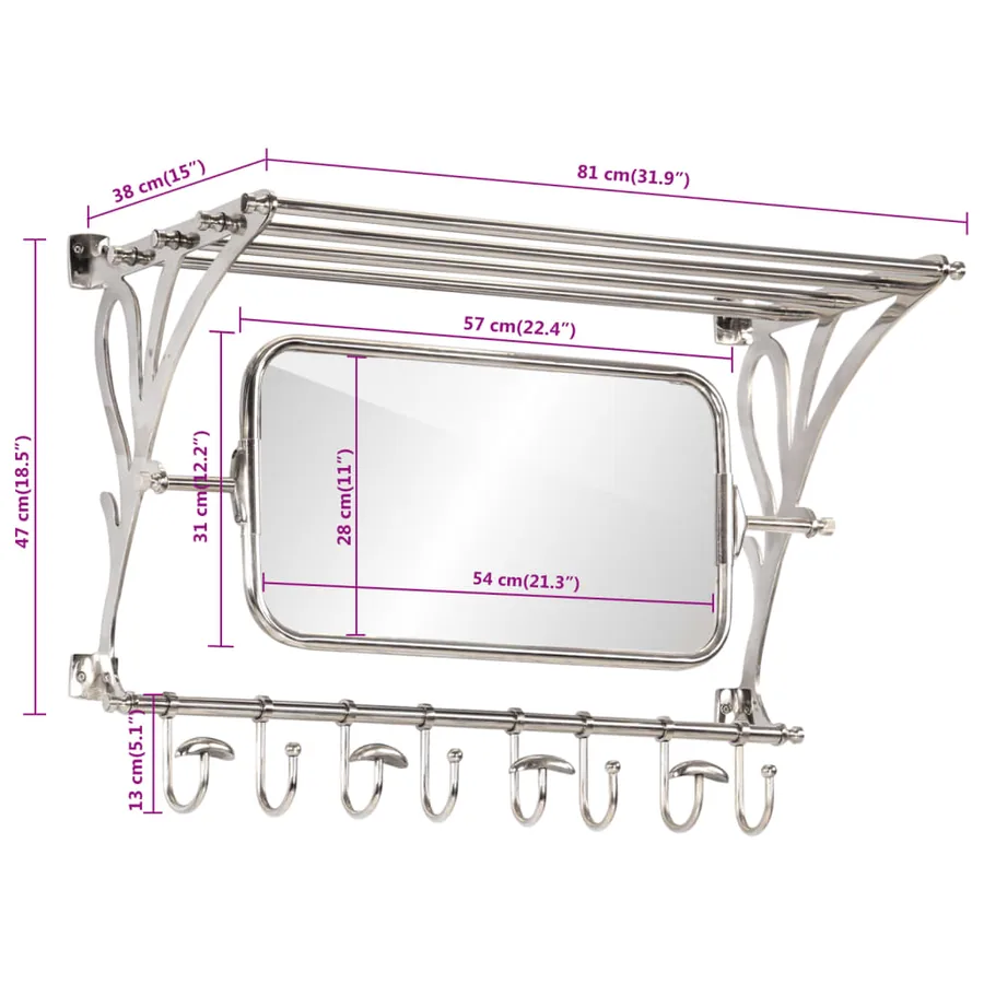 Porte-bagages avec cintres et miroir mural aluminium - 7