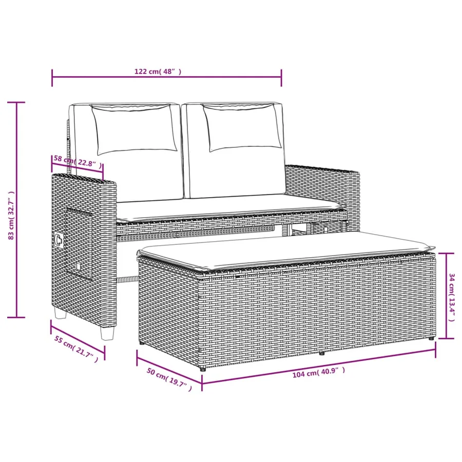 Banc inclinable de jardin avec coussins noir résine tressée - 15