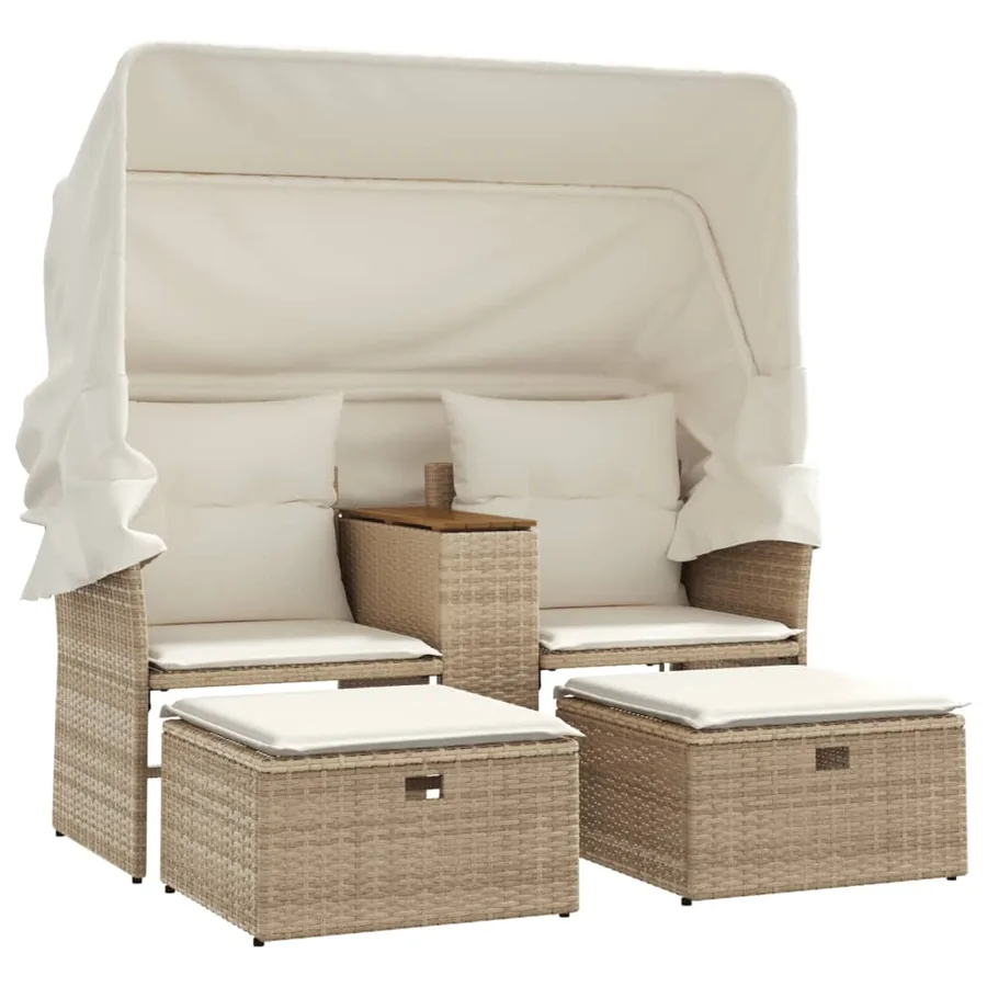 Canapé de jardin 2 places avec auvent et tabourets beige rotin - 2