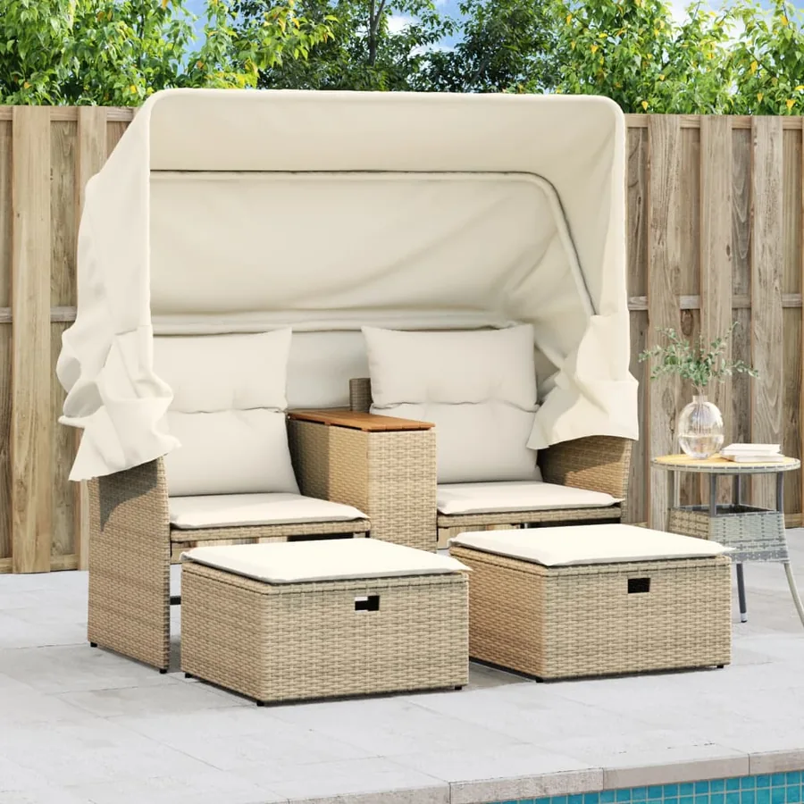 Canapé de jardin 2 places avec auvent et tabourets beige rotin - 3