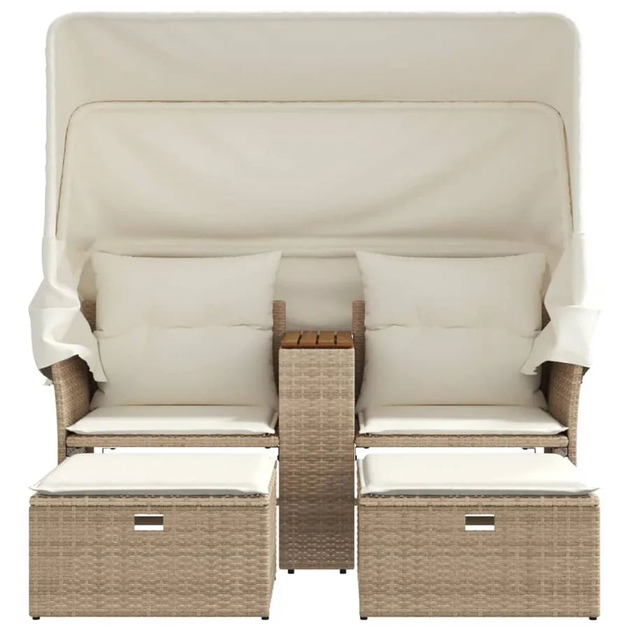 Canapé de jardin 2 places avec auvent et tabourets beige rotin - 4