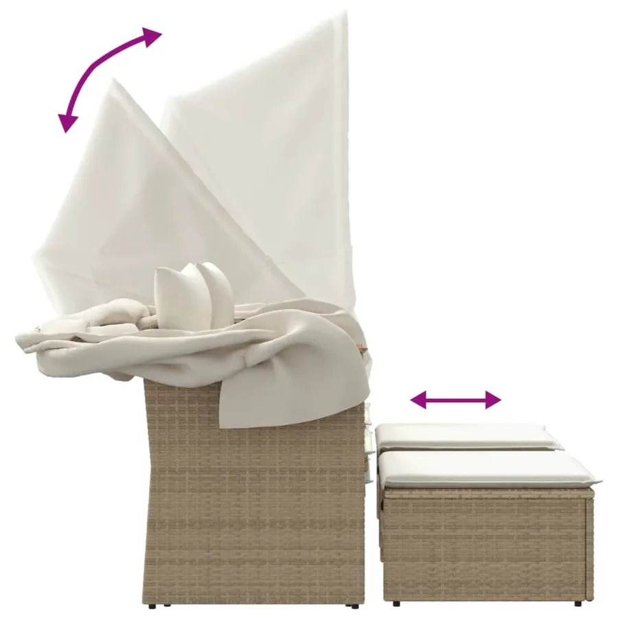 Canapé de jardin 2 places avec auvent et tabourets beige rotin - 7