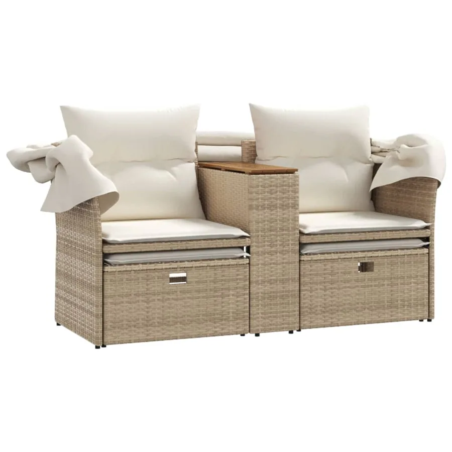 Canapé de jardin 2 places avec auvent et tabourets beige rotin - 8