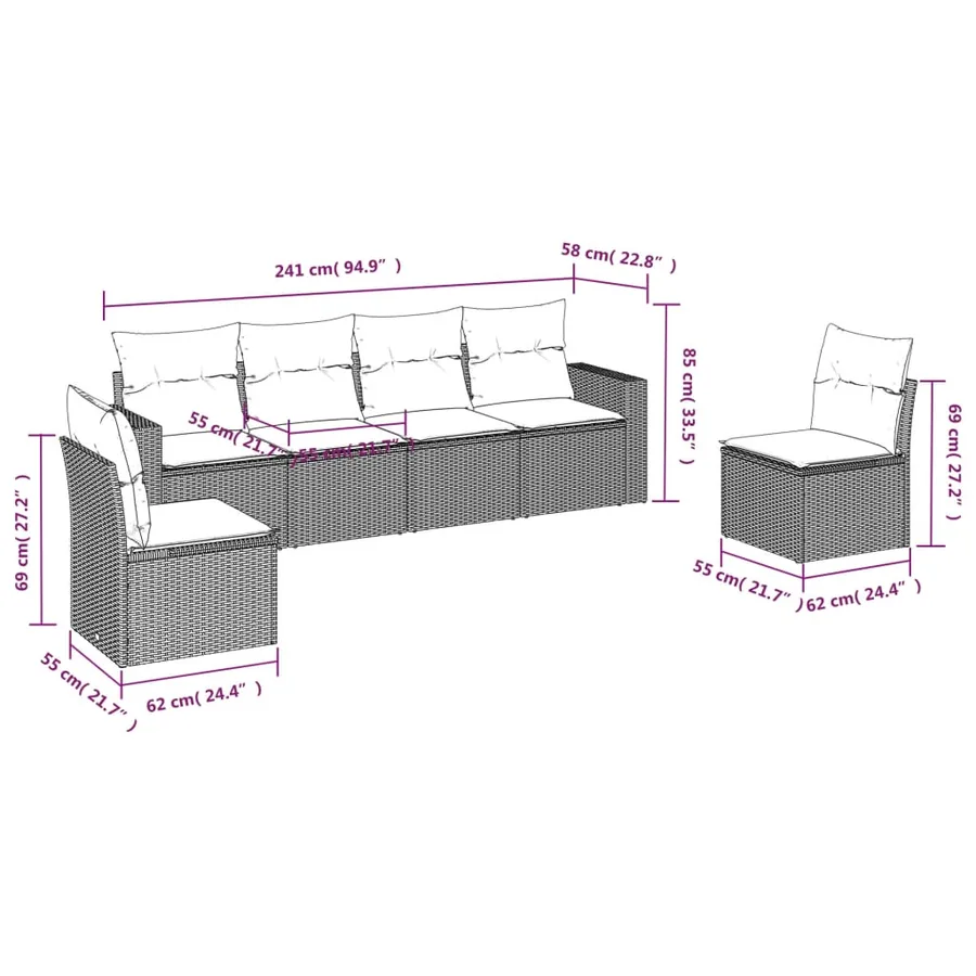 Salon de jardin 6 pcs avec coussins gris résine tressée - 3