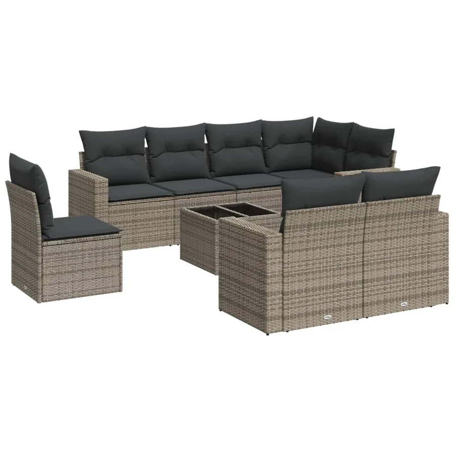 Salon de jardin 9 pcs avec coussins gris résine tressée - 2