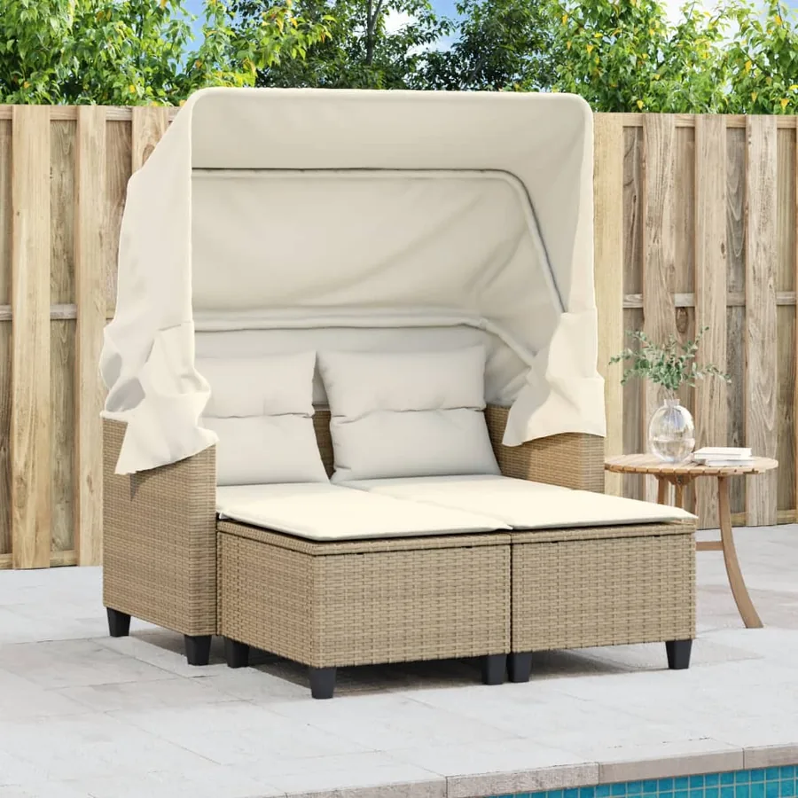Canapé de jardin 2 places avec auvent et tabourets beige rotin - 3