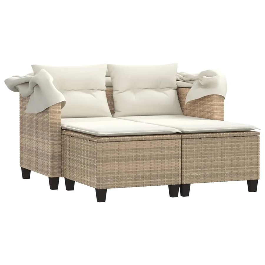 Canapé de jardin 2 places avec auvent et tabourets beige rotin - 4