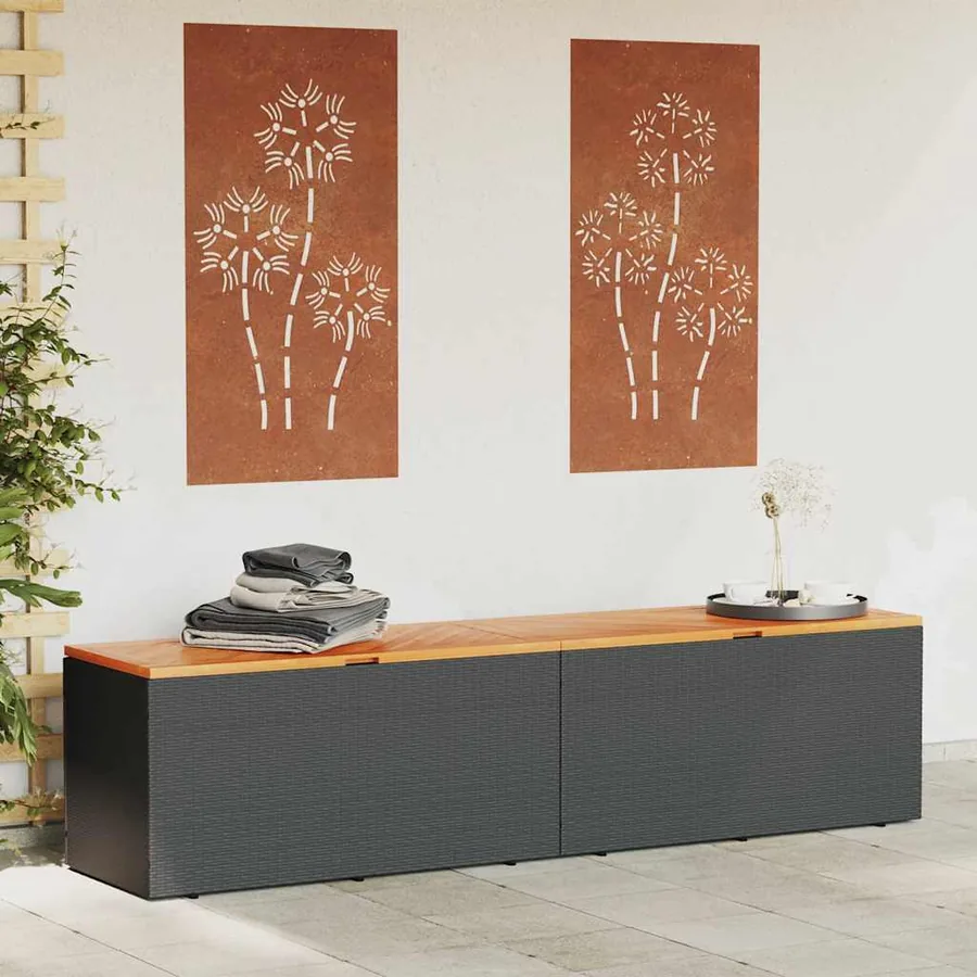 Boîte de rangement de jardin noir résine tressée bois d'acacia - 3