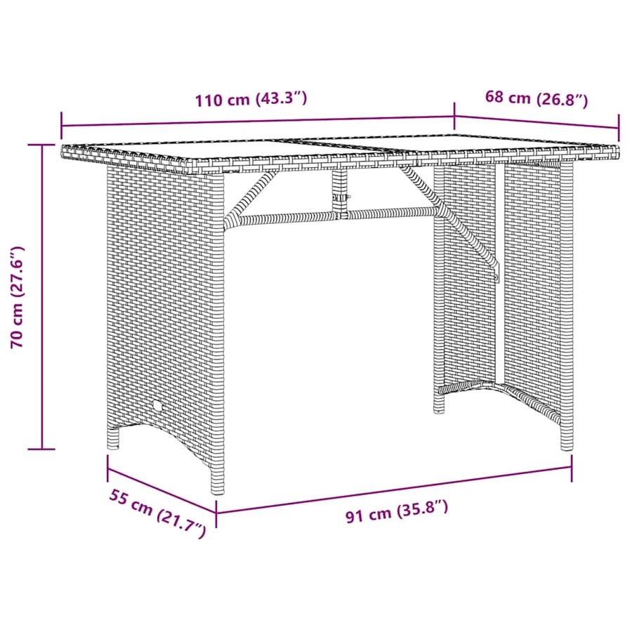 Table de jardin avec dessus en verre beige 110x68x70 cm rotin - 9