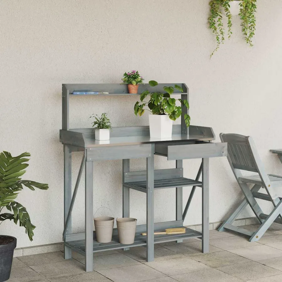 Banc de rempotage avec étagères gris bois massif de sapin - 3