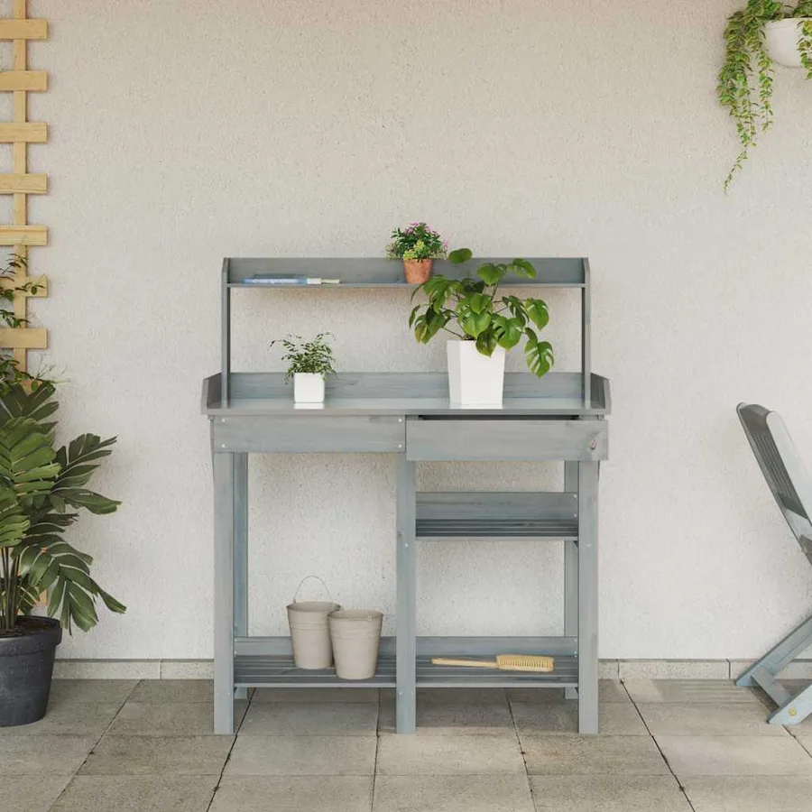 Banc de rempotage avec étagères gris bois massif de sapin - 4