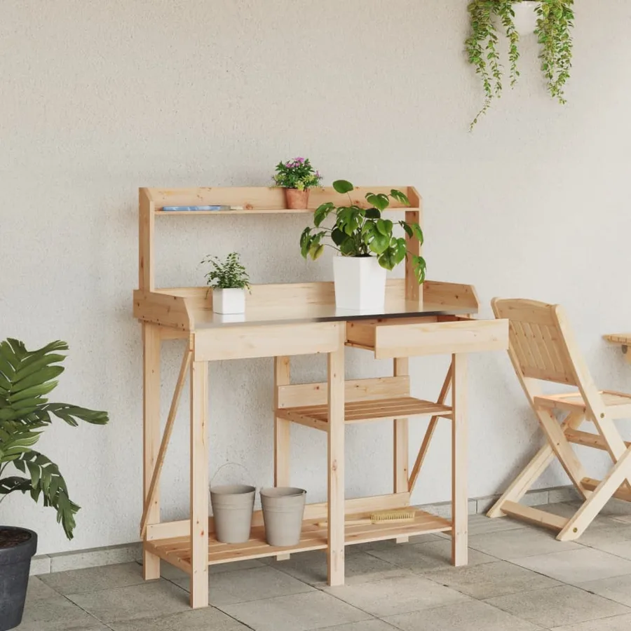 Banc de rempotage avec étagères bois massif de sapin - 3