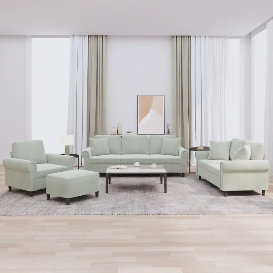 Ensemble de canapés 4 pcs avec coussins gris clair velours