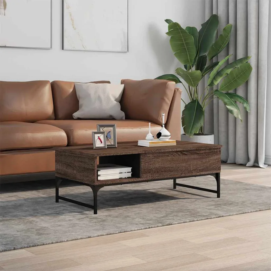 Table basse chêne marron 100x50x35cm bois d'ingénierie et métal - 3