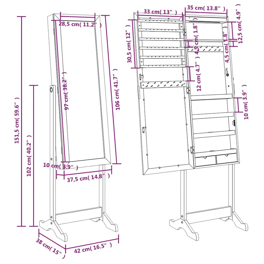 Armoire à bijoux miroir avec lumières LED sur pied blanc - 12