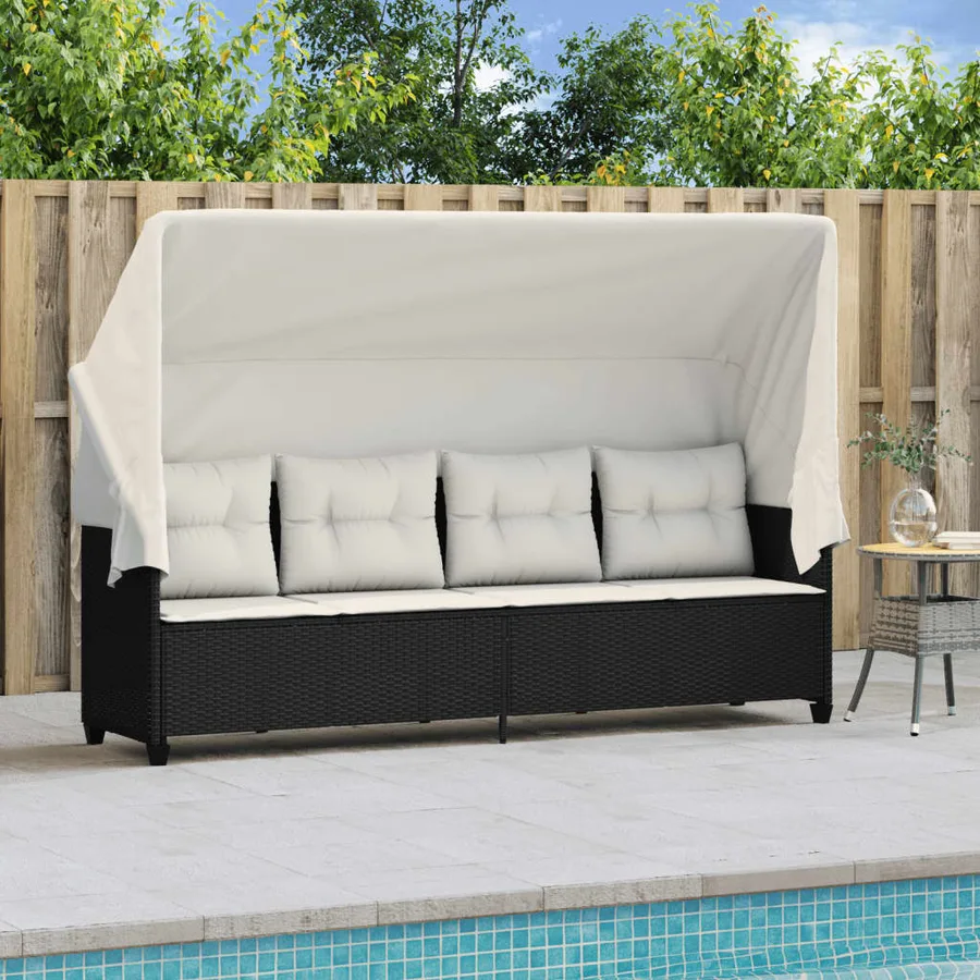 Chaise longue avec auvent et coussins noir résine tressée - 3