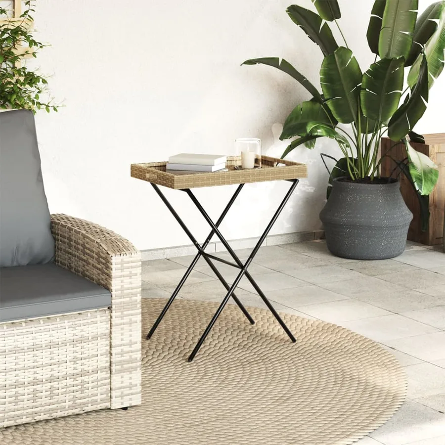 Table à plateau pliable beige 65x40x75 cm résine tressée - 3