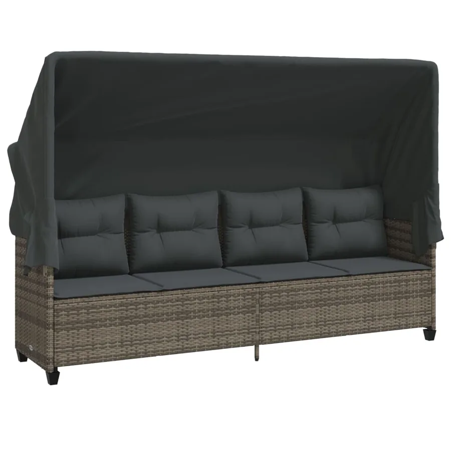 Chaise longue avec auvent et coussins gris résine tressée - 2