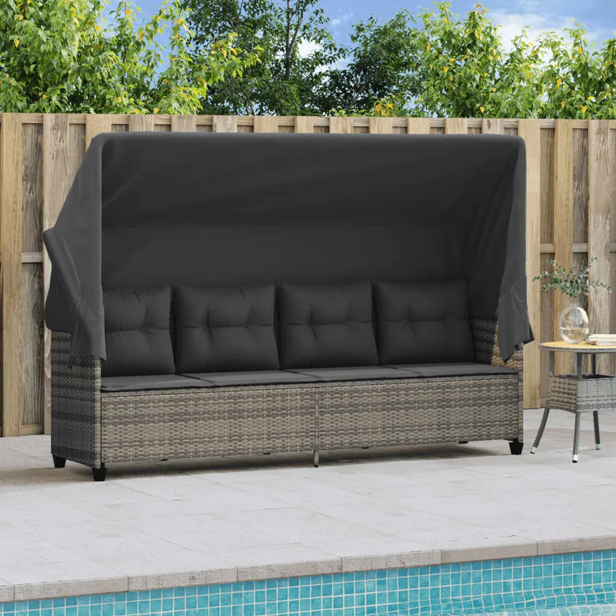 Chaise longue avec auvent et coussins gris résine tressée - 3