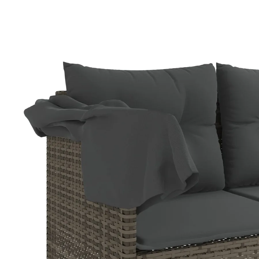 Chaise longue avec auvent et coussins gris résine tressée - 9