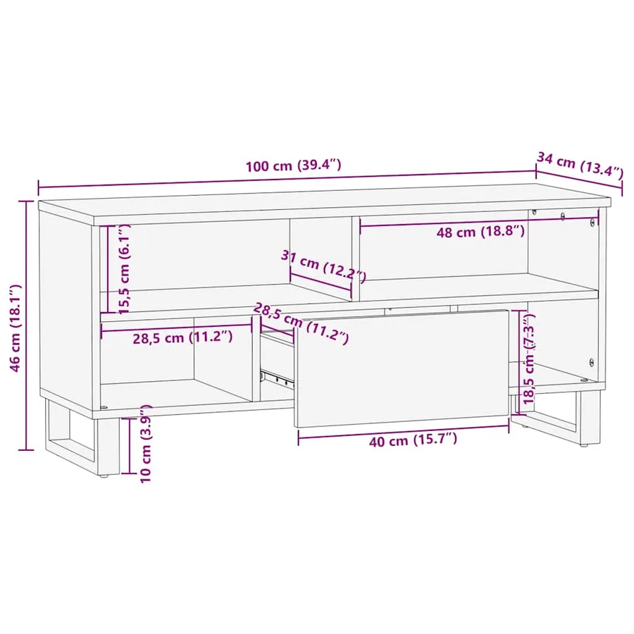 Meuble TV marron 100x34x46 cm bois massif manguier - 11