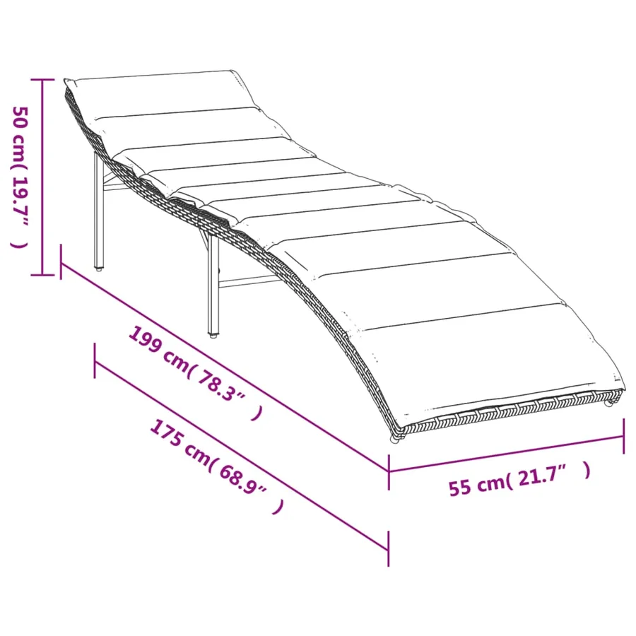 Chaise longue avec coussin gris 55x199x50 cm résine tressée - 10