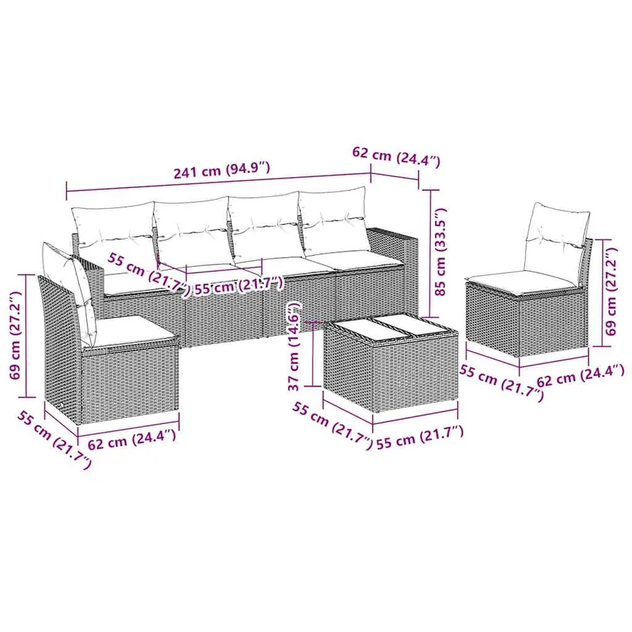 Salon de jardin 7 pcs avec coussins noir résine tressée 55 x 62 x 69 cm - 58,2 kg - 3