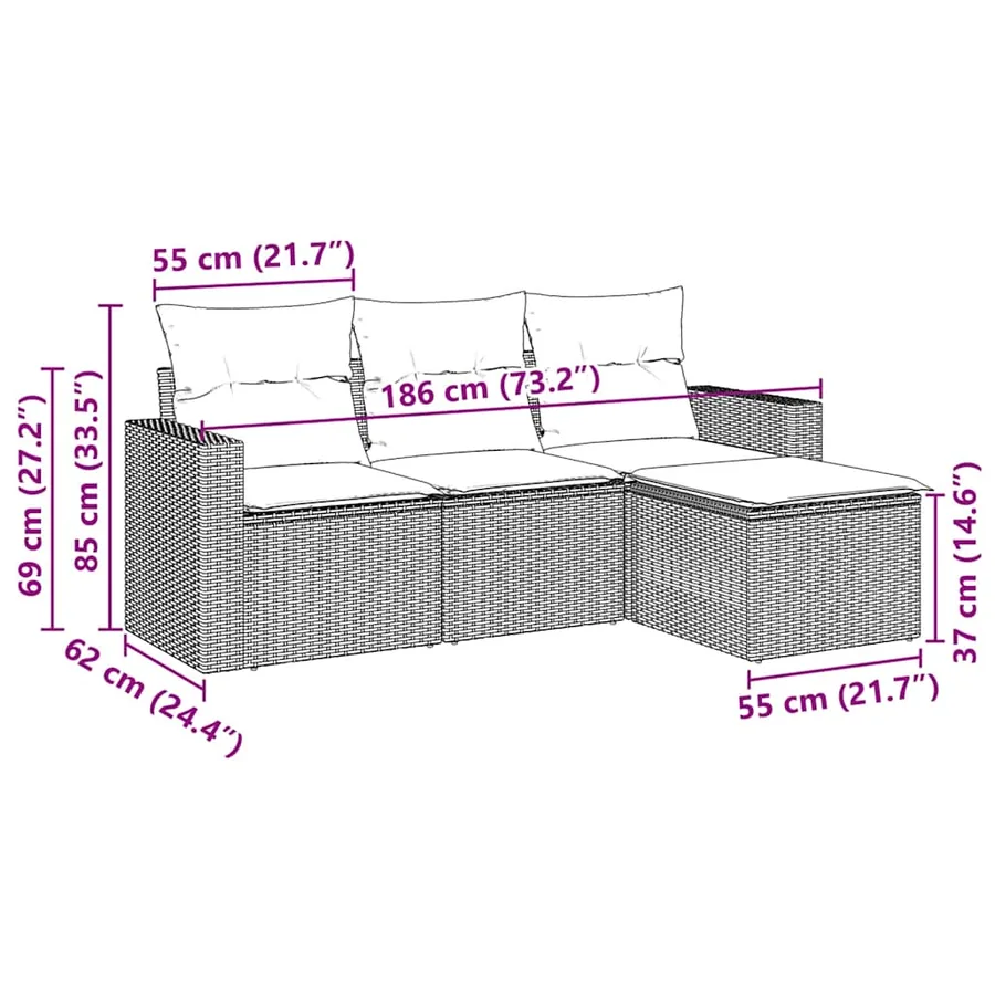 Salon de jardin 4 pcs avec coussins noir résine tressée - 3