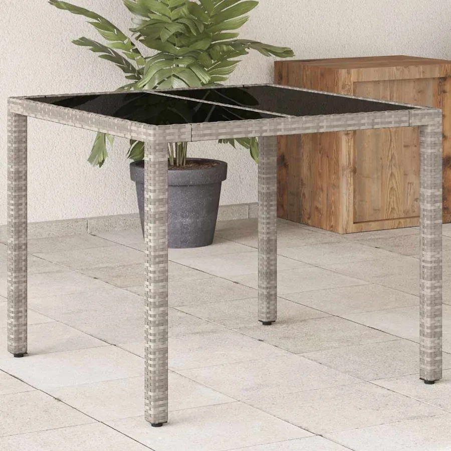 Table de jardin avec dessus en verre gris clair résine tressée