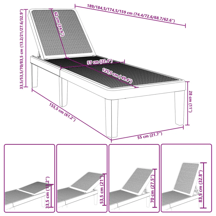 Chaise longue réglable en hauteur à 4 positions polypropylène - 12