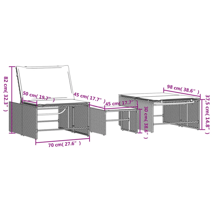 Chaises longues 2 pièces avec table en résine tressée gris clair - 12