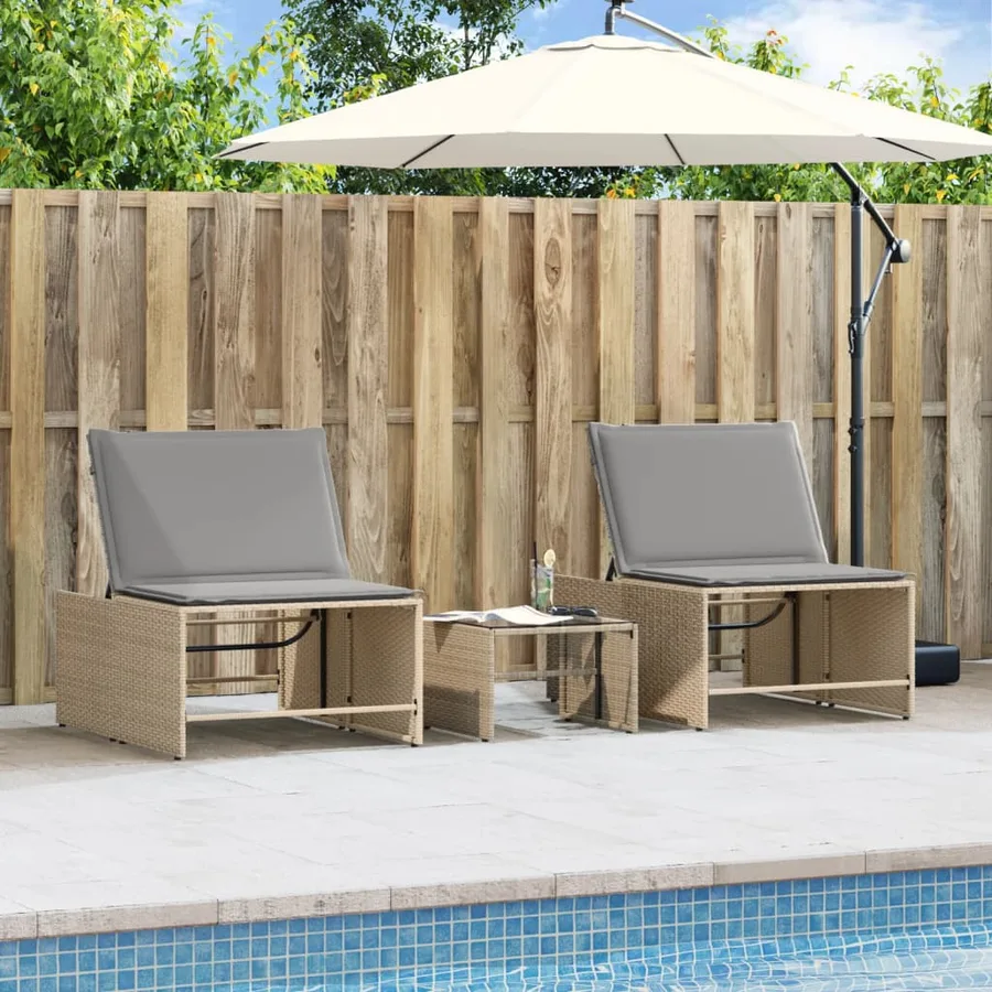 Chaises longues 2 pièces avec table en résine tressée gris clair - 17