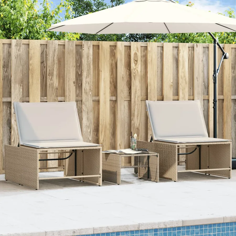 Chaises longues 2 pièces avec table en résine tressée gris clair - 27