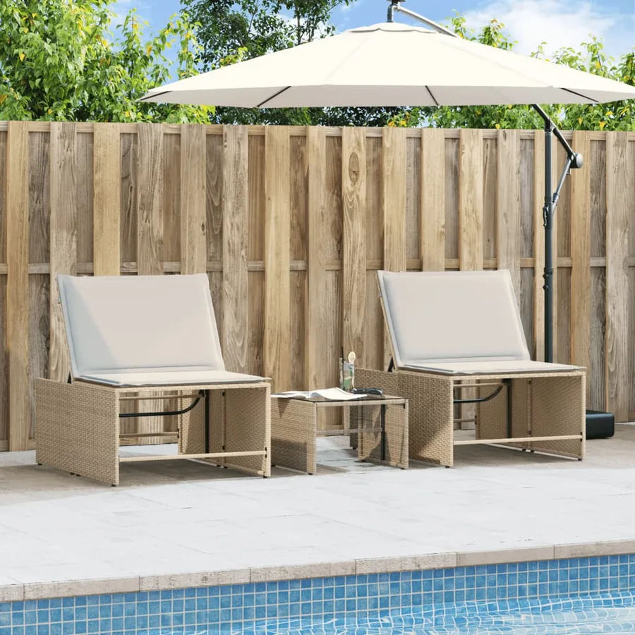 Chaises longues 2 pièces avec table en résine tressée gris clair - 30