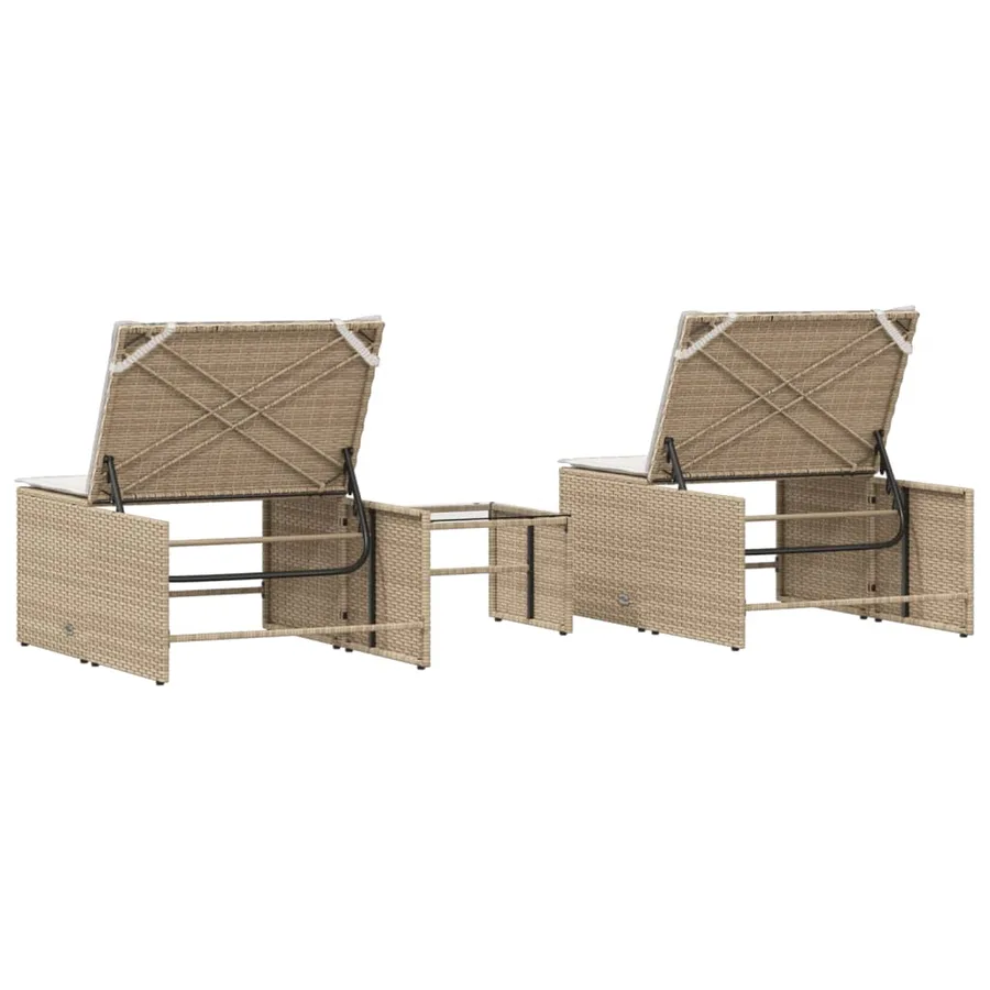 Chaises longues 2 pièces avec table en résine tressée gris clair - 34