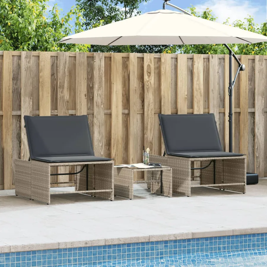 Chaises longues 2 pièces avec table en résine tressée gris clair - 4
