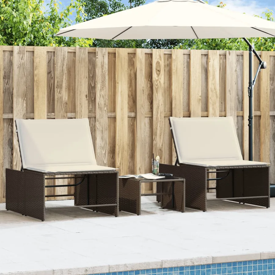 Chaises longues 2 pièces avec table en résine tressée gris clair - 40