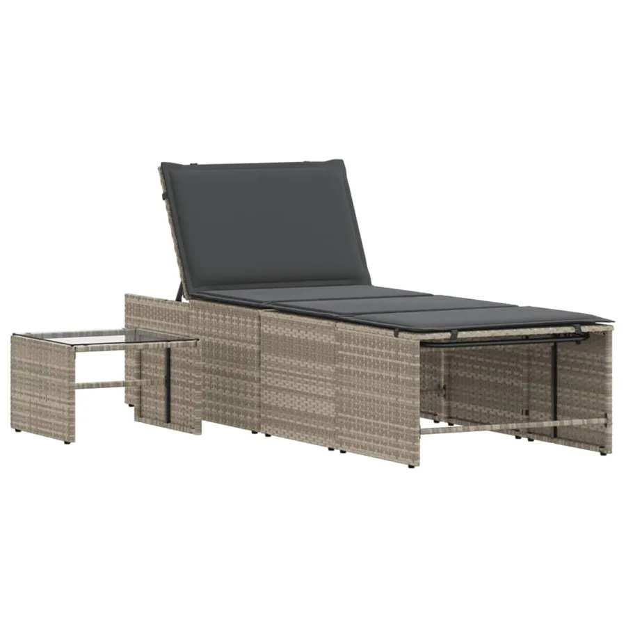 Chaises longues 2 pièces avec table en résine tressée gris clair - 5