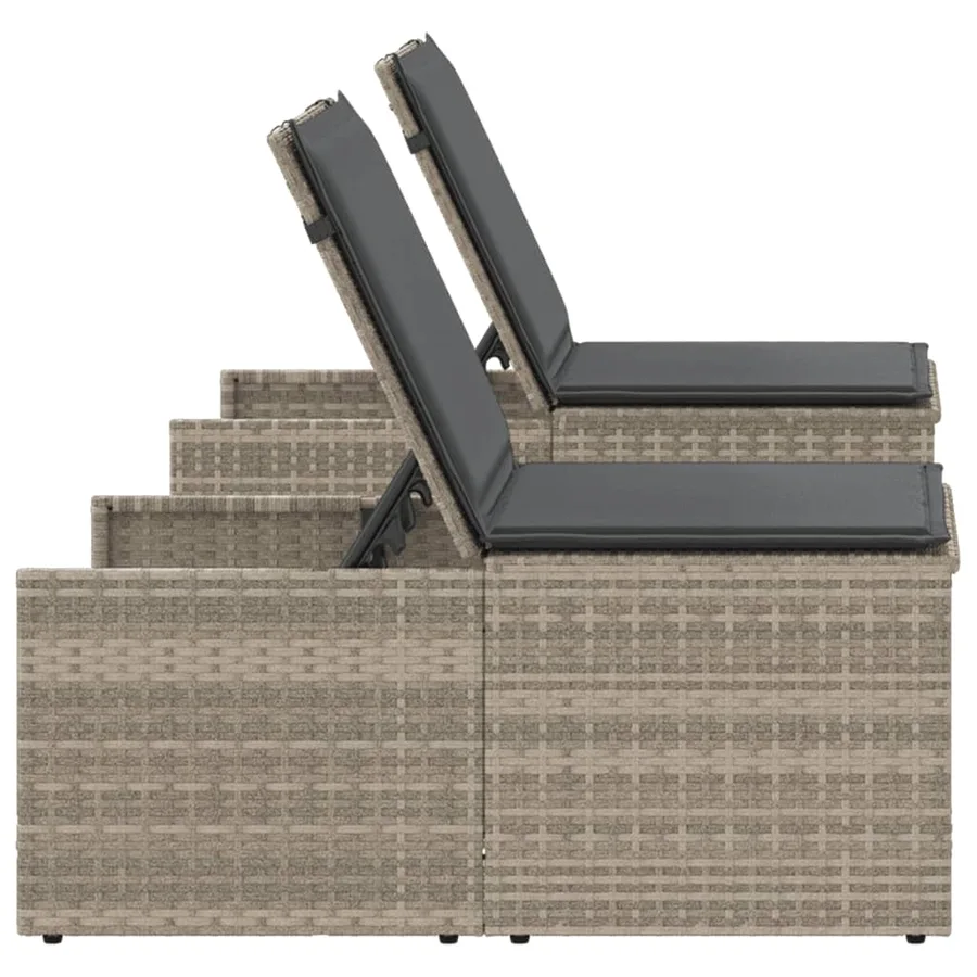 Chaises longues 2 pièces avec table en résine tressée gris clair - 7
