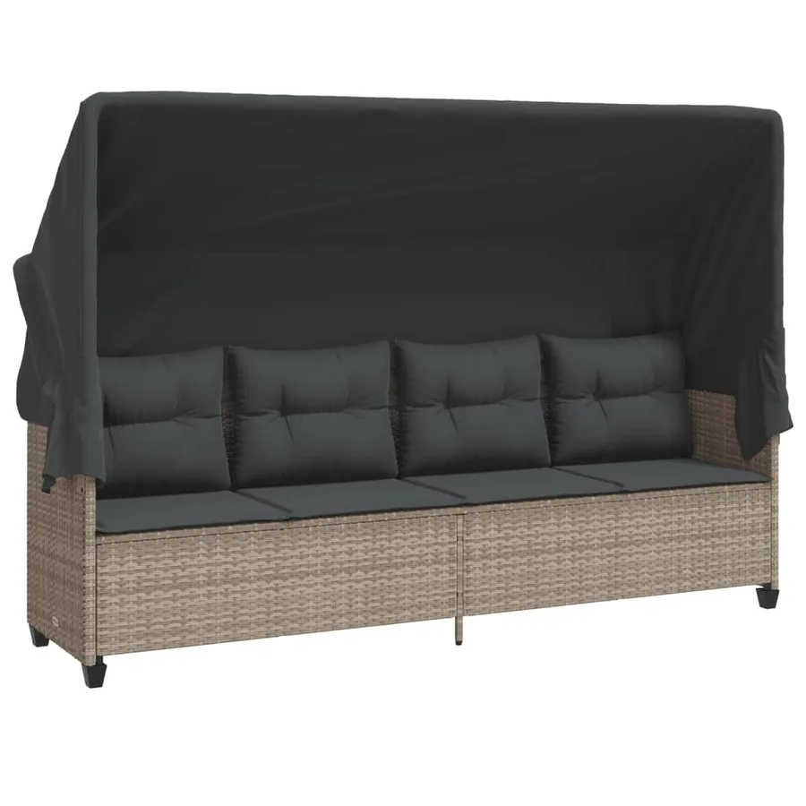 Chaise longue avec auvent et coussins gris clair résine tressée - 2