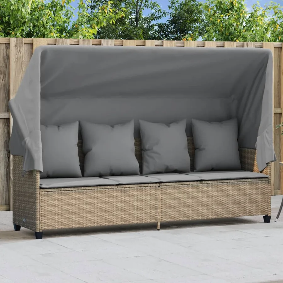 Chaise longue avec auvent et coussins beige résine tressée