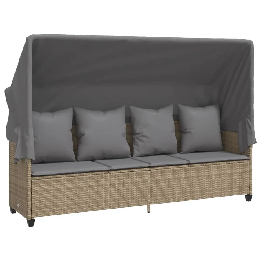 Chaise longue avec auvent et coussins beige résine tressée - 2