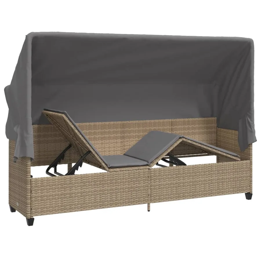 Chaise longue avec auvent et coussins beige résine tressée - 5