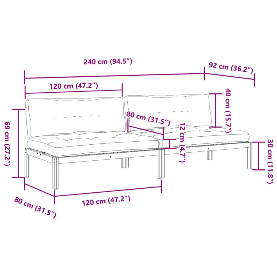 Canapés centraux palette de jardin 2pcs et coussins bois acacia - 8