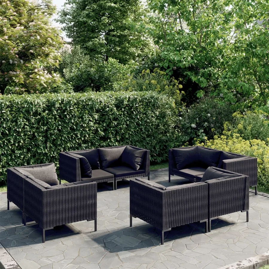 Salon de jardin 8 pcs avec coussins Résine tressée Gris foncé