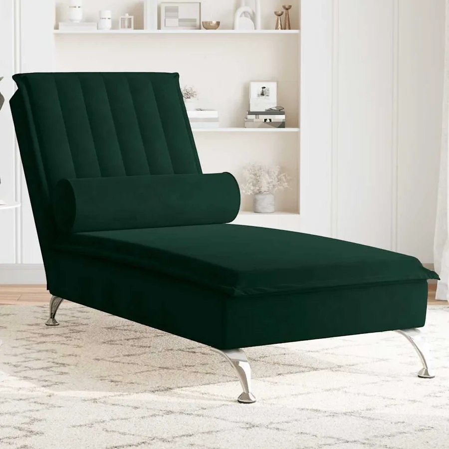 Chaise longue de massage avec traversin vert foncé velours - 3