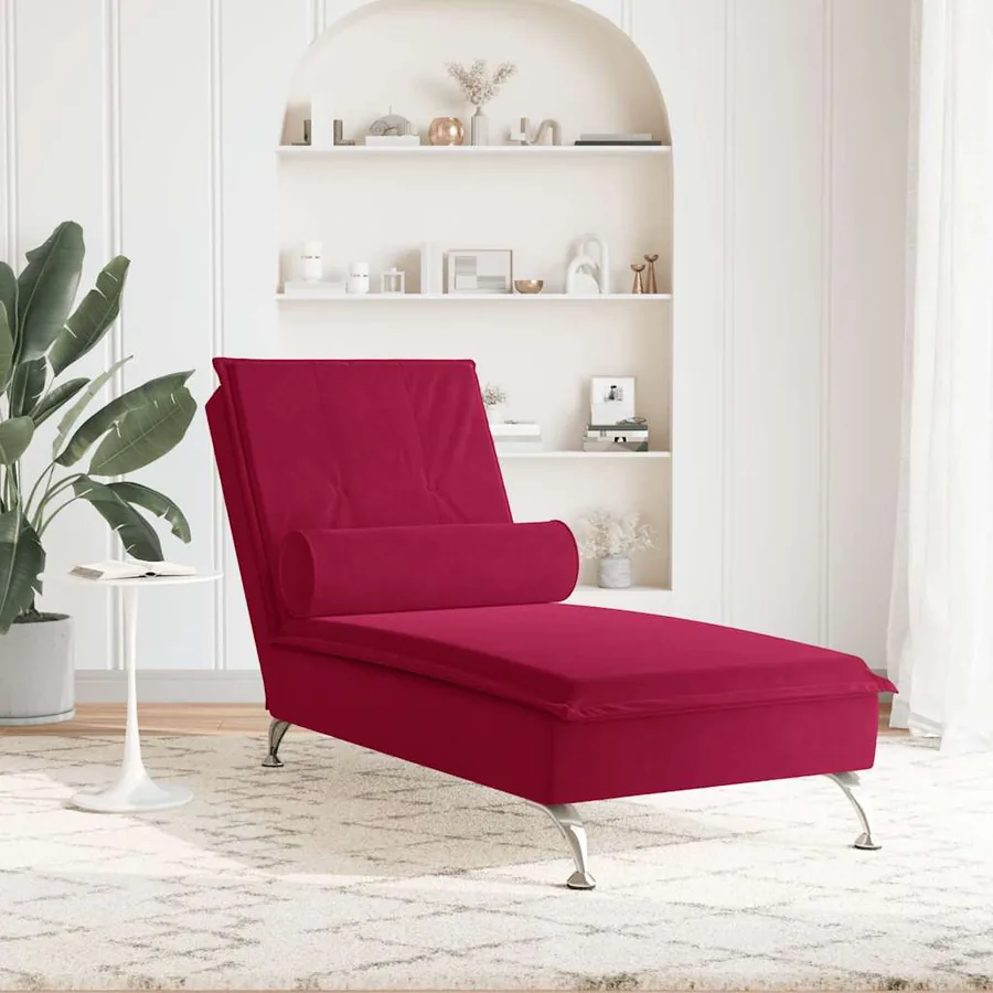 Chaise longue de massage avec traversin rouge bordeaux velours