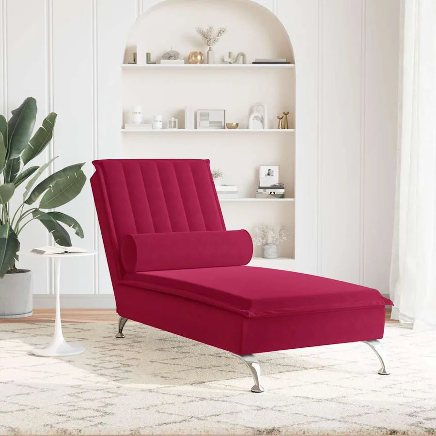Chaise longue de massage avec traversin rouge bordeaux velours - 3