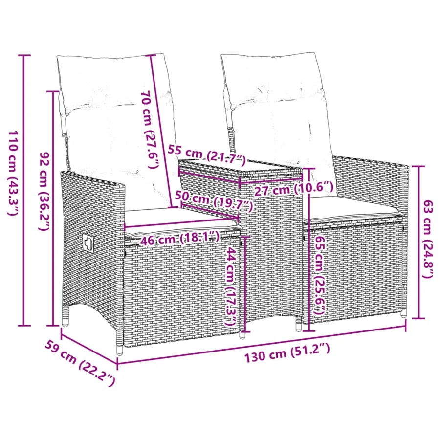 Canapé de jardin inclinable 2 places avec table gris poly rotin - 11