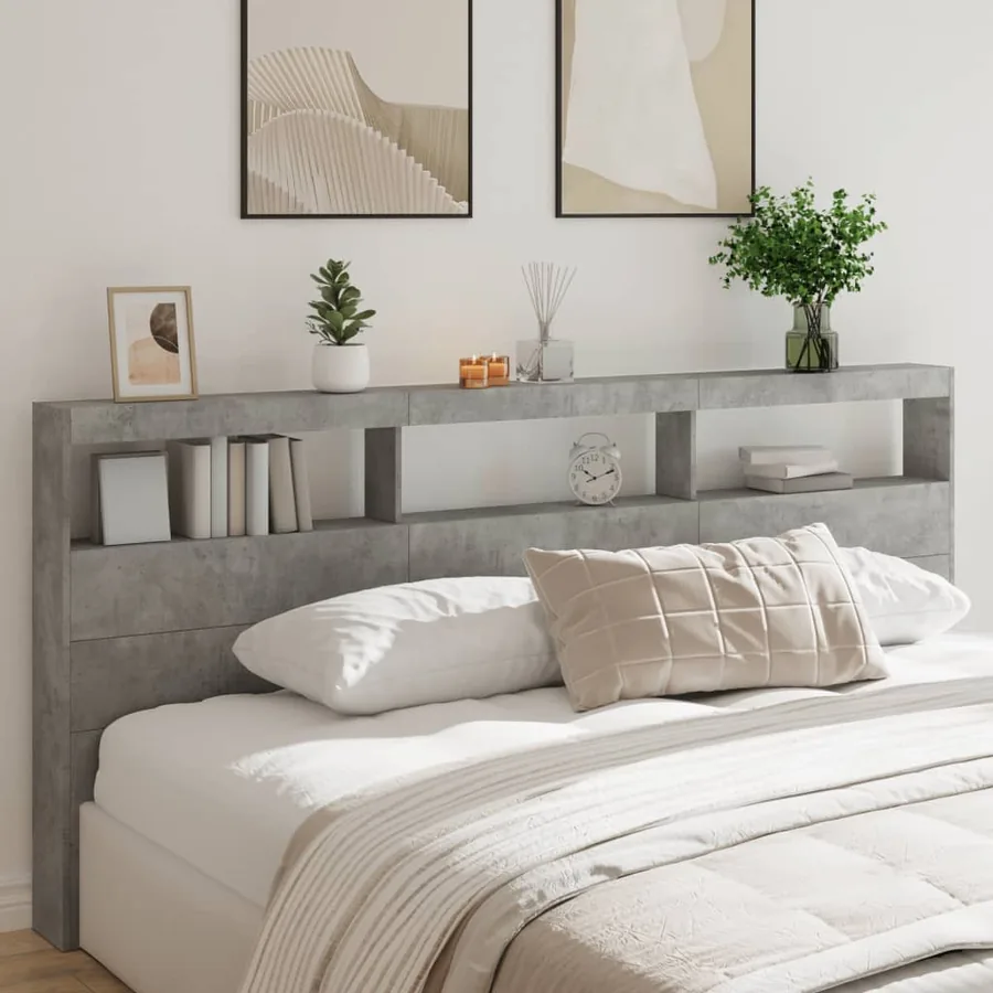 Armoire tête de lit avec LED gris béton 220x17x102 cm